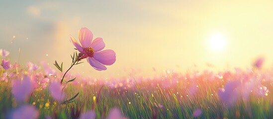 Aufkleber - Delicate pink cosmos flowers gracefully sway in a vibrant green garden under a soft golden sunrise creating a serene and dreamy atmosphere.