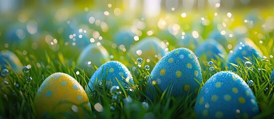 Poster - Colorful Easter eggs in vibrant blue and yellow tones scattered across lush green grass with sparkling water droplets creating a festive atmosphere.