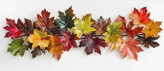 Poster - Autumn leaves in vibrant reds, oranges, yellows, and greens arranged horizontally on a light background creating a seasonal decor theme.