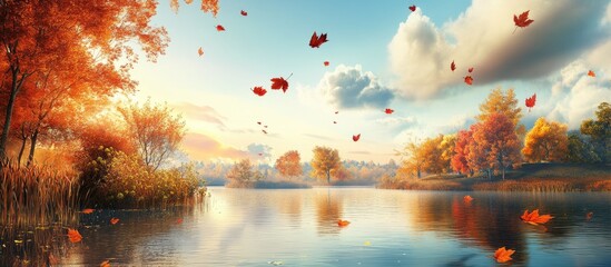 Aufkleber - Autumn landscape featuring a calm lake reflecting vibrant orange and red trees with falling leaves against a bright blue sky amidst soft clouds