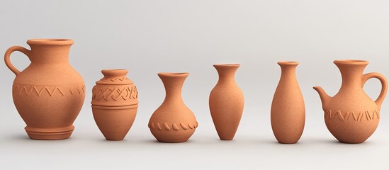 Leinwandbilder - Clay earthenware pottery collection featuring various shapes including jugs and vases in warm terracotta tones against a light grey backdrop