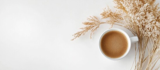 Poster - Beige reeds and branches arranged beside a white coffee cup filled with brown drink on a light background, autumn flat lay with ample copy space.