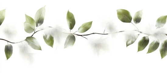 Fototapete - Green leafy branches with soft white down feathers on a white background, ideal for close-up and macro photography display, serene composition.