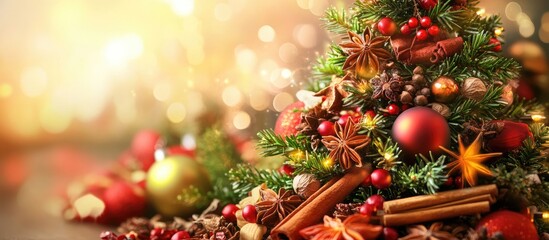 Poster - Festively decorated Christmas tree with colorful ornaments and spices in foreground glowing with warm bokeh lights creating a joyful atmosphere.