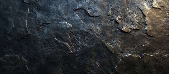 Poster - Textured dark gray stone wall with unique patterns and characteristics highlighting solid and sturdy surface details in horizontal orientation