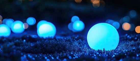 Leinwandbilder - Glowing blue orbs scattered on a dark grassy surface with soft bokeh lights in the background creating a magical nighttime ambiance.