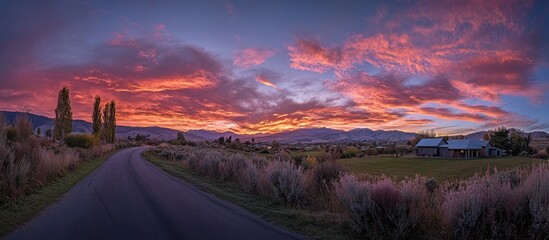 Poster - Panoramic view of winding asphalt road with vibrant pink and orange sunset sky over mountains with green fields and trees on either side.