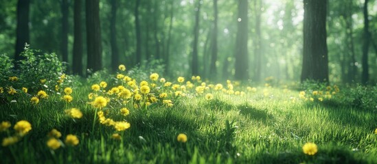 Leinwandbilder - Pristine forest landscape featuring vibrant green grass with scattered yellow dandelions in the foreground against a softly blurred background.