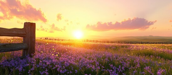 Aufkleber - Serene landscape at sunset with a vibrant purple flower field in lower foreground, rustic wooden fence on left, and warm golden sunlight in background.