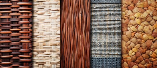 Aufkleber - Woven textures in warm browns and beiges arranged side by side showcasing wicker, meshed, and wooden patterns for decorative backgrounds.