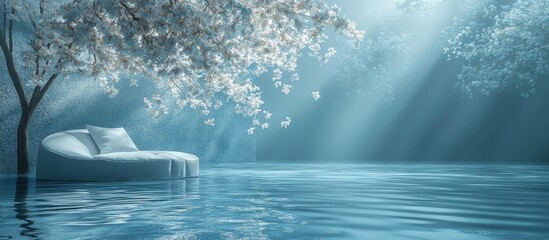 Aufkleber - Tranquil azure waters with soft light filtering through trees, featuring a white sofa on calm water, creating a serene and peaceful environment.