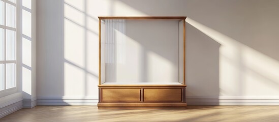 Fototapete - Elegant wooden glass display cabinet with two drawers positioned in a well-lit empty room showcasing beautiful shadows on the wall and floor.
