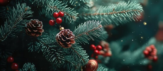 Poster - Close-up of a lush green Christmas tree featuring pinecones and red berries with soft bokeh, evoking a festive, warm atmosphere.