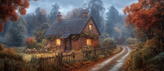 Fototapete - Cozy brick cottage with warm light glowing from windows, surrounded by vibrant autumn foliage and a misty forest at dusk along a winding path.