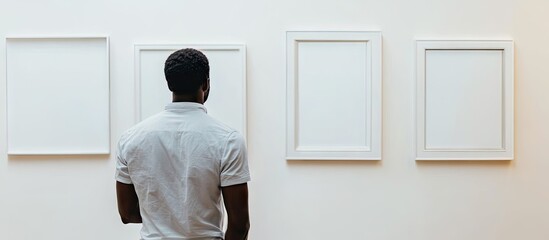 Leinwandbilder - Young African American man in white shirt positioning empty white frames on a minimalist wall, contemplating artwork arrangement, neutral tones.
