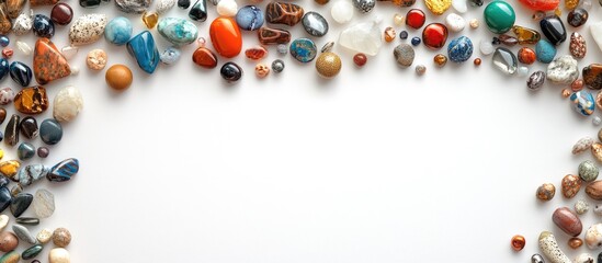 Leinwandbilder - Colorful assortment of polished beads and natural stones arranged along the edges of a white background creating a vibrant frame effect.