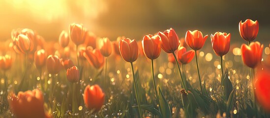 Aufkleber - Vibrant red tulips in soft morning light on a green meadow filled with glistening dew drops creating a serene floral landscape.