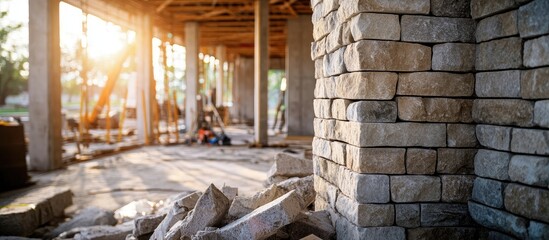 Leinwandbilder - Stone columns under construction with sunlit background, showcasing stone textures, scattered stones, and a partially completed wall, warm hues.