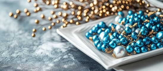 Leinwandbilder - Blue mother of pearl and gold beads arranged artistically on a white tray against a marble background showcasing a jewelry making hobby concept