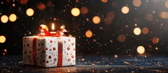 Poster - Festive birthday gift box with red ribbon and polka dots, glowing candle on top, sparkling bokeh lights in the background, dark atmosphere.