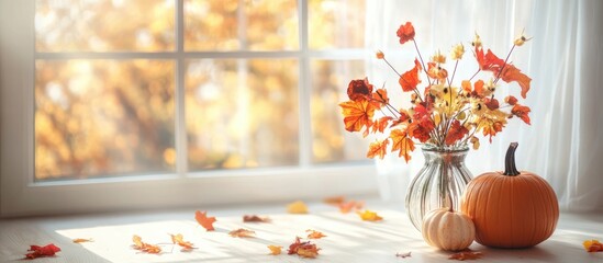 Poster - Autumn bedroom interior featuring a glass vase with red and yellow leaves, a pumpkin, and soft light filtering through a window
