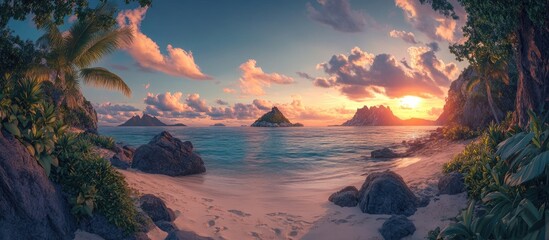 Aufkleber - Tranquil sunset over a serene beach with palm trees on the left, rocky formations in the foreground, and distant islands under a colorful sky.
