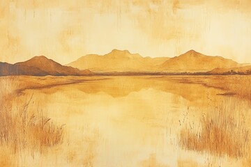 Wall Mural - Mountain landscape with tranquil waters reflecting golden hues during sunset