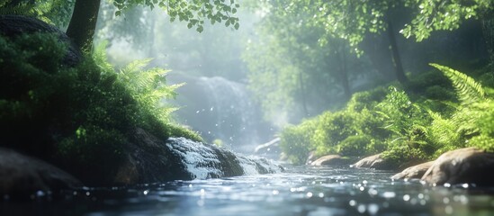 Leinwandbilder - Serene forest landscape with soft light beams filtering through lush green trees and vibrant ferns near a tranquil water stream in the foreground.