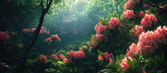 Leinwandbilder - Lush green forest with vibrant pink Rhododendron flowers blooming amidst soft sunlight creating a serene and enchanting floral landscape.