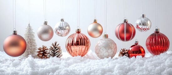 Poster - Christmas decorations with red and silver ornaments amidst white snow and pinecones on a soft white background, perfect for holiday themes.