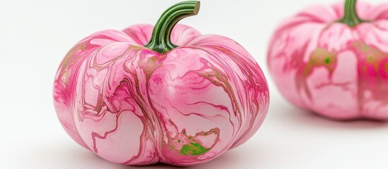 Poster - Vibrant pink marble pumpkin with swirling patterns and a green stem, capturing a colorful, textured look against a soft white background.