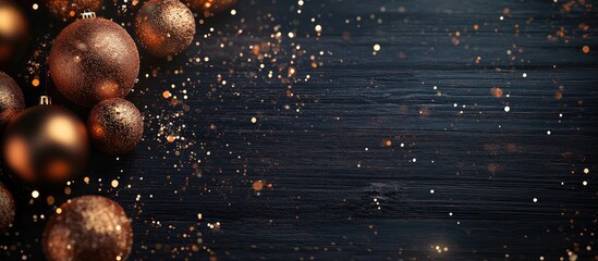 Aufkleber - Warm festive Christmas card mockup with bronze ornaments and golden sparkles on dark wooden surface creating a seasonal holiday atmosphere.
