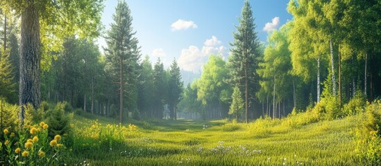 Leinwandbilder - Lush summer forest landscape with diverse green trees and vibrant grass under a bright sky, creating a serene and picturesque scene.