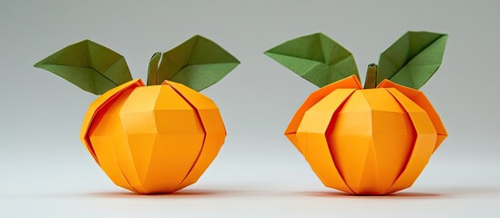 Poster - Vibrant orange origami fruits with green paper leaves positioned symmetrically against a soft gray background showcasing detailed geometric shapes.