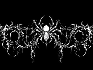 Gothic spider design, ornate frame, black background, tattoo art