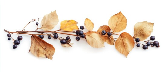 Aufkleber - Autumn arrangement featuring dried tan leaves and black berries on a clean white background with elements positioned horizontally across the center.