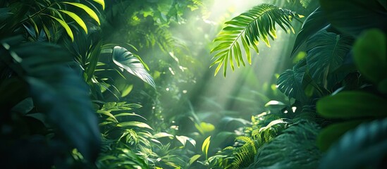 Leinwandbilder - Lush green jungle foliage with sunlight filtering through leaves creating a vibrant, serene atmosphere in a tropical environment.