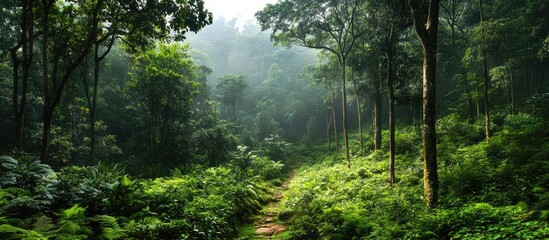 Leinwandbilder - Lush green tropical jungle with tall trees and dense foliage under soft misty light creating a serene pathway in the forest.