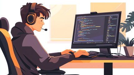 Software developer coding on a computer. Professional programmer working on application development, writing code, and testing software. IT specialist at work, technology and innovation background.