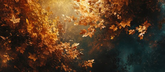 Fototapete - Autumn foliage with vibrant orange and yellow leaves scattered on a dark wooden surface illuminated by soft, warm light from above.