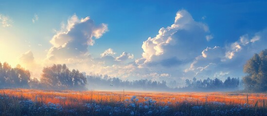 Poster - Serene morning landscape with bright blue skies and fluffy white clouds over a misty orange field creating a tranquil atmosphere at dawn