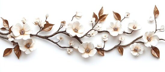 Leinwandbilder - Elegant white flower branch with intricate brown leaves on a white background, showcasing a harmonious arrangement for a refined aesthetic.