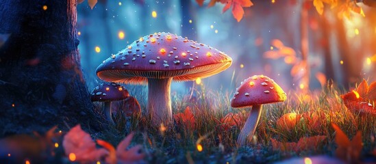 Aufkleber - Vibrant magical forest scene featuring glowing mushrooms in shades of red and blue with soft bokeh lights and colorful autumn leaves in the foreground.