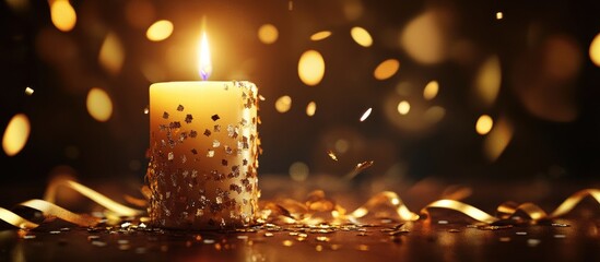 Aufkleber - Golden candle illuminated with a warm flame sitting amidst shimmering gold confetti and streamers against a soft blurred background.