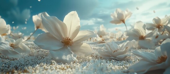 Poster - Delicate white flowers scattered across a soft meadow with a serene blue sky and soft clouds in the background capturing a tranquil atmosphere.