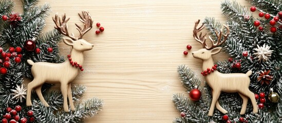Poster - Wooden deer decorations surrounded by green pine branches and red berries on a light wooden background creating a festive Christmas scene