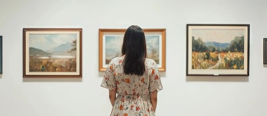 Poster - Woman in floral dress admiring landscape paintings in a gallery with neutral wall colors showcasing warm frames and vibrant artwork.