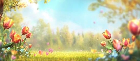 Leinwandbilder - Vibrant spring landscape with colorful tulips in shades of pink and yellow positioned at the forefront against a serene blue sky and lush greenery.