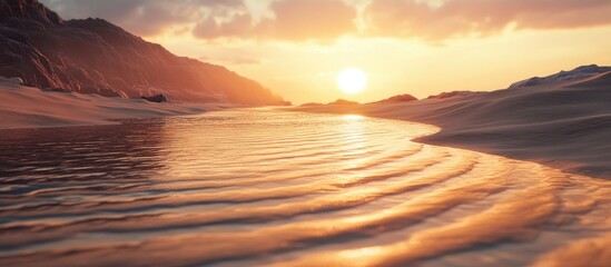 Aufkleber - Sunrise over a tranquil sandy beach with gentle ripples reflecting warm golden hues creating a serene natural landscape scene