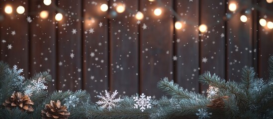 Poster - Dark wooden wall serving as a backdrop for a Christmas greeting card featuring fir branches with pinecones, snowflakes, and glowing bokeh lights.
